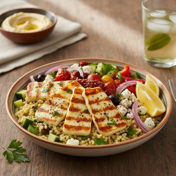 Mediterranean Couscous Bowl with Grilled Halloumi and Vibrant Veggies recipe