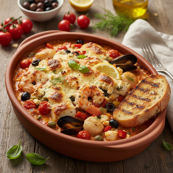 Mediterranean Creamy Seafood Bake recipe