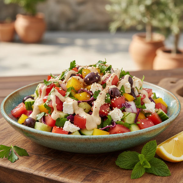 Mediterranean Diced Vegetable Salad with Creamy Tahini Dressing recipe
