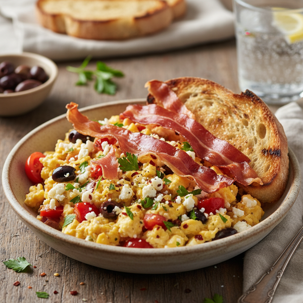 Mediterranean Egg Scramble with Crispy Prosciutto recipe