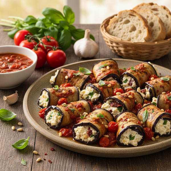 Mediterranean Eggplant Roll-Ups with Roasted Tomato Basil Sauce recipe