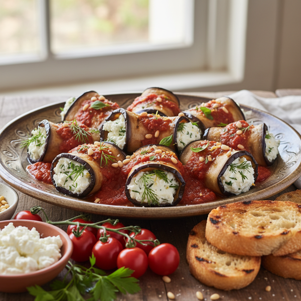 Mediterranean Eggplant Rolls with Creamy Goat Cheese and Herb Tomato Sauce recipe