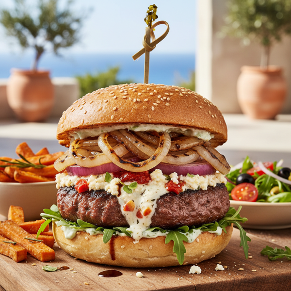 Mediterranean Feta-Stuffed Burgers with Grilled Onions recipe