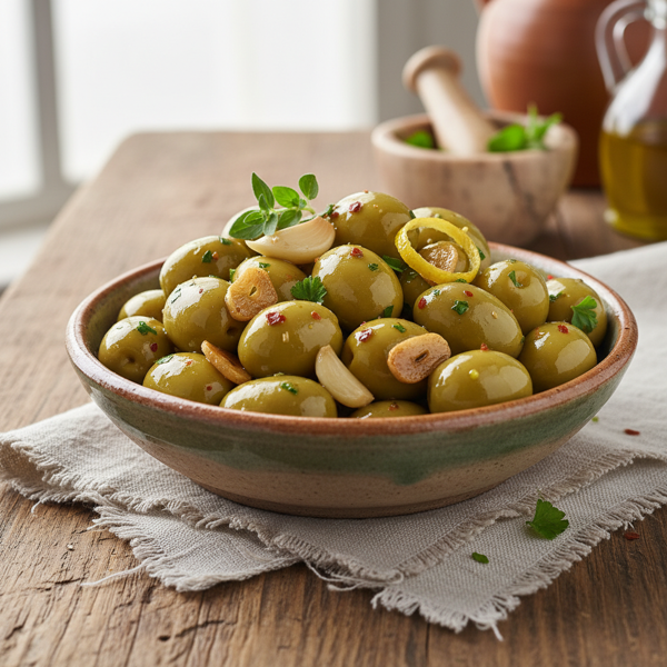 Mediterranean Garlic-Infused Green Olives recipe