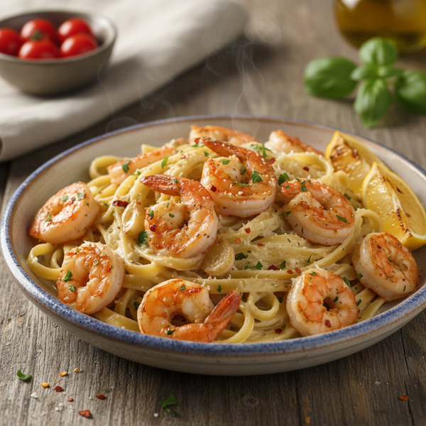 Mediterranean Garlic Shrimp Fettuccine with Roasted Garlic Alfredo recipe