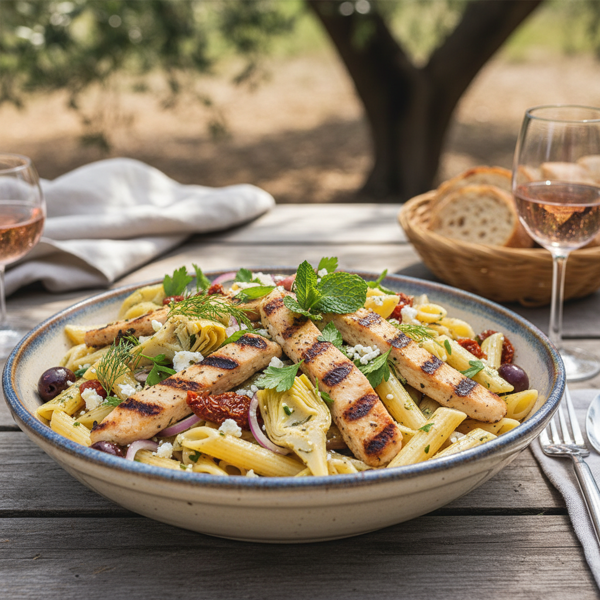 Mediterranean Grilled Chicken Pasta Salad with Artichokes and Herbs recipe