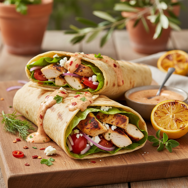 Mediterranean Grilled Lemon Chicken Wrap with Spicy Chilli Aioli recipe