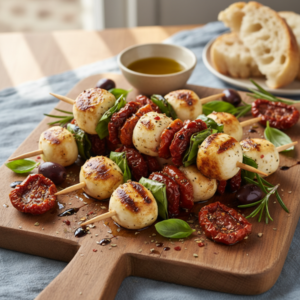 Mediterranean Grilled Mozzarella and Sun-Dried Tomato Skewers recipe