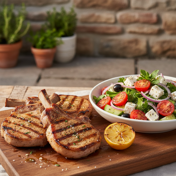 Mediterranean Grilled Pork Chops with Feta and Tomato Salad recipe