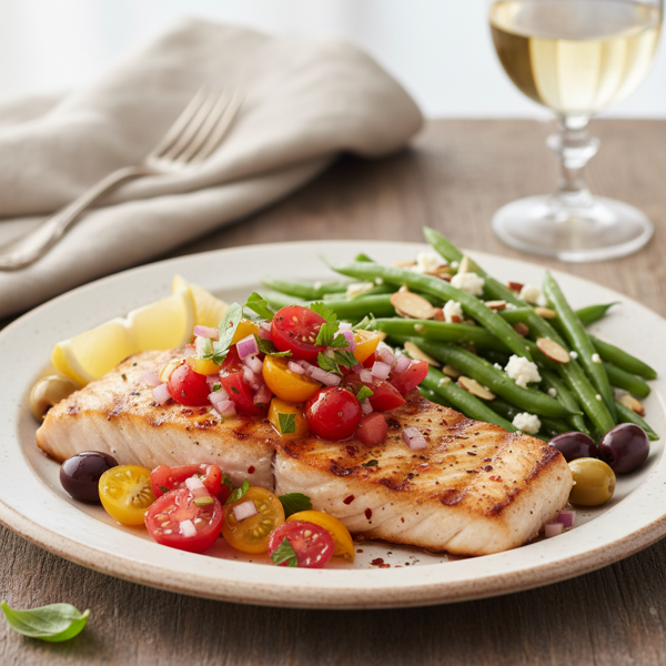 Mediterranean Grilled Swordfish with Zesty Tomato Salsa and Green Bean Salad recipe