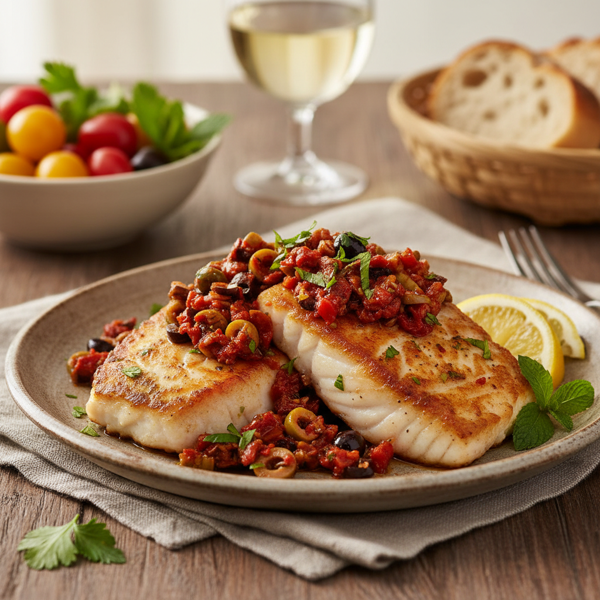 Mediterranean Halibut Fillets with Harissa Olive Sauce recipe
