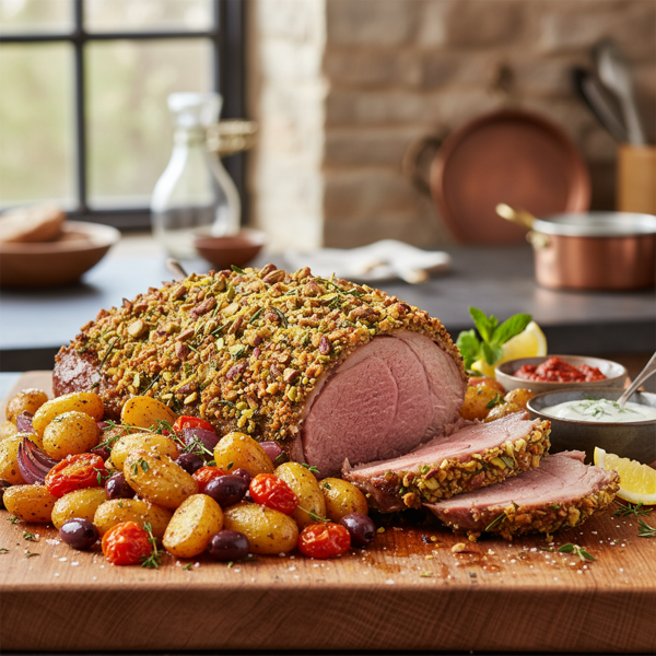 Mediterranean Herb-Crusted Leg of Lamb with Roasted Potatoes recipe