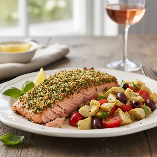 Mediterranean Herb-Crusted Salmon with Artichoke Olive Salsa recipe