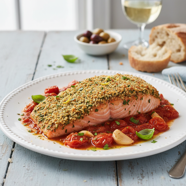 Mediterranean Herb-Crusted Salmon with Roasted Tomato Sauce recipe