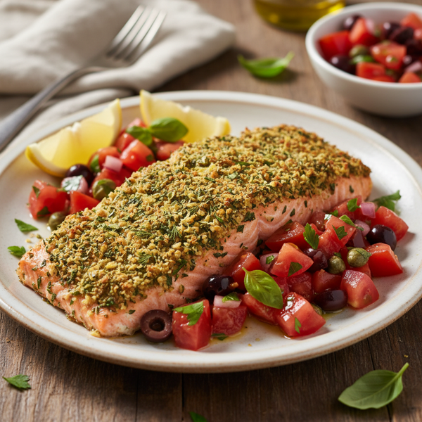Mediterranean Herb-Crusted Salmon with Tomato-Olive Salsa recipe