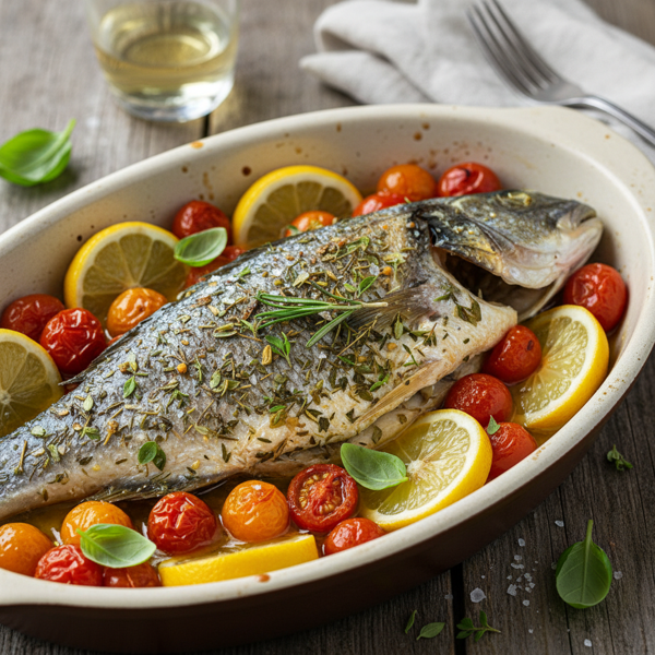 Mediterranean Herb-Infused Baked Fish with Tomatoes and Lemon recipe