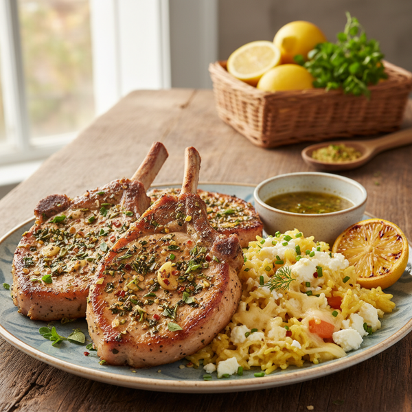 Mediterranean Herb-Infused Pork Chops with Cheesy Rice recipe