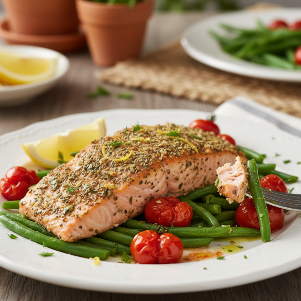 Mediterranean Herb Roasted Salmon with Green Beans and Cherry Tomatoes recipe
