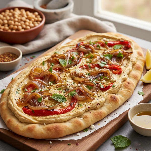 Mediterranean Hummus Flatbread with Caramelized Onions and Roasted Red Peppers recipe