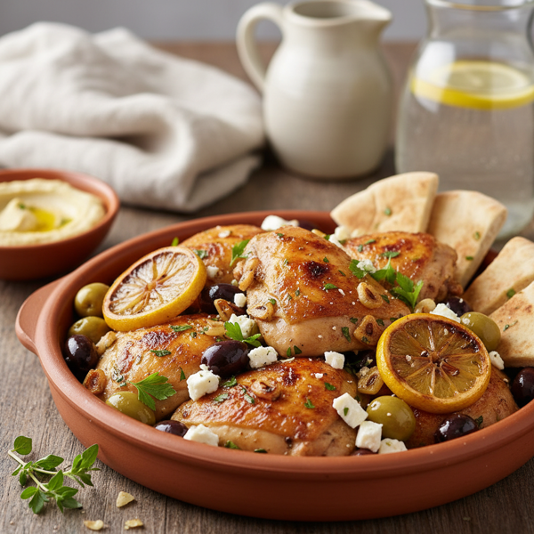 Mediterranean Lemony Garlic Chicken with Olives and Feta recipe