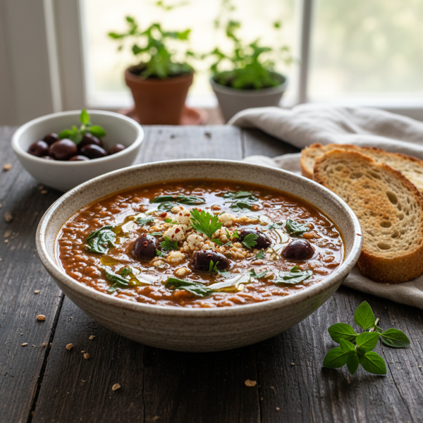 Mediterranean Lentil Soup with Spinach and Kalamata Olives recipe