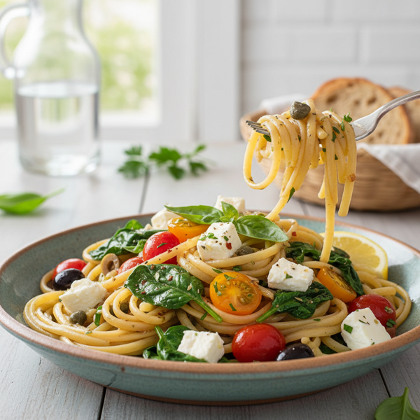 Mediterranean Linguine with Spinach, Tomatoes, and Feta recipe