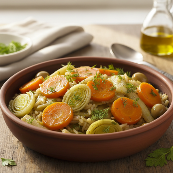 Mediterranean Olive Oil Braised Leeks with Carrots and Rice recipe