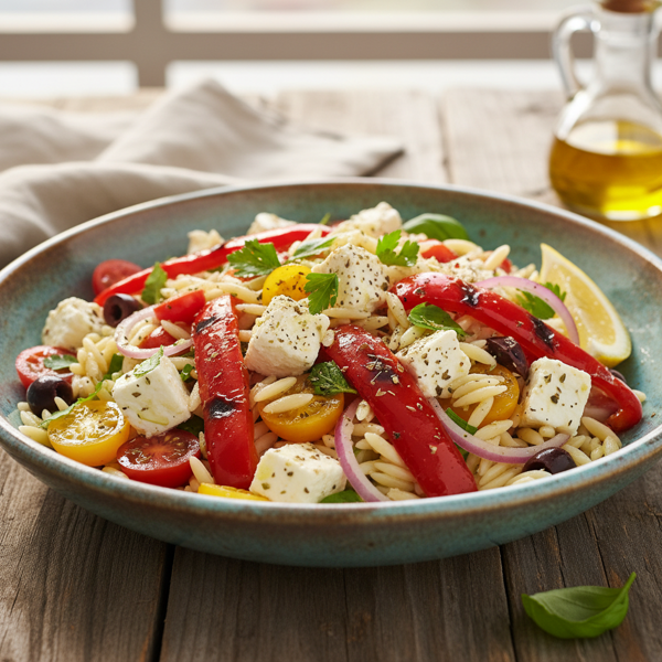 Mediterranean Orzo Salad with Feta and Roasted Peppers recipe