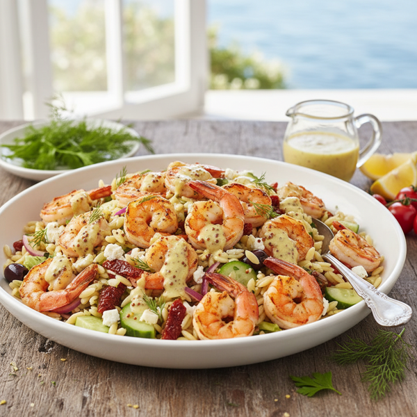 Mediterranean Orzo Salad with Grilled Shrimp and Creamy Mustard-Dill Dressing recipe