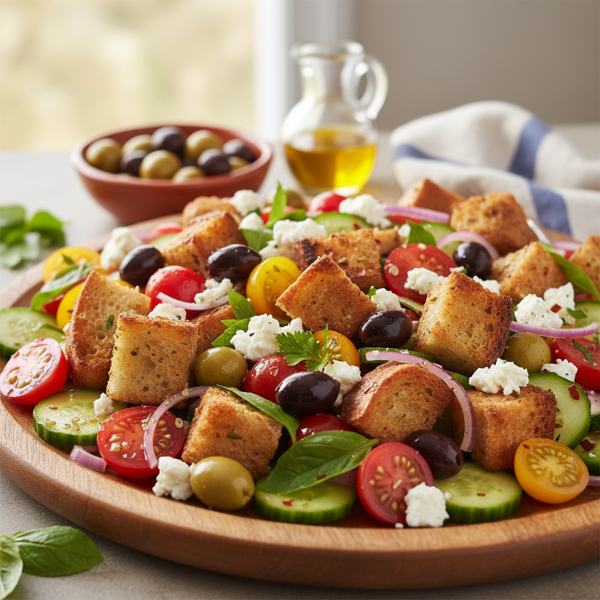 Mediterranean Panzanella Salad with Feta and Olives recipe