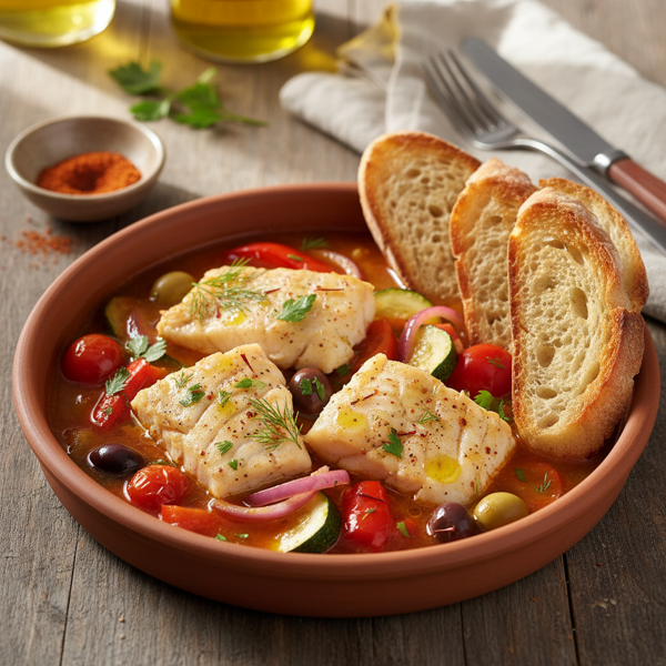 Mediterranean Paprika Poached Cod with Veggies recipe