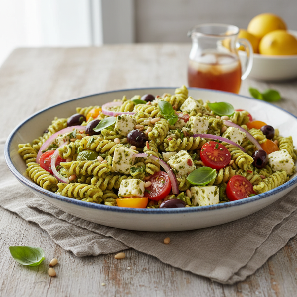 Mediterranean Pasta Salad with Pesto and Feta recipe