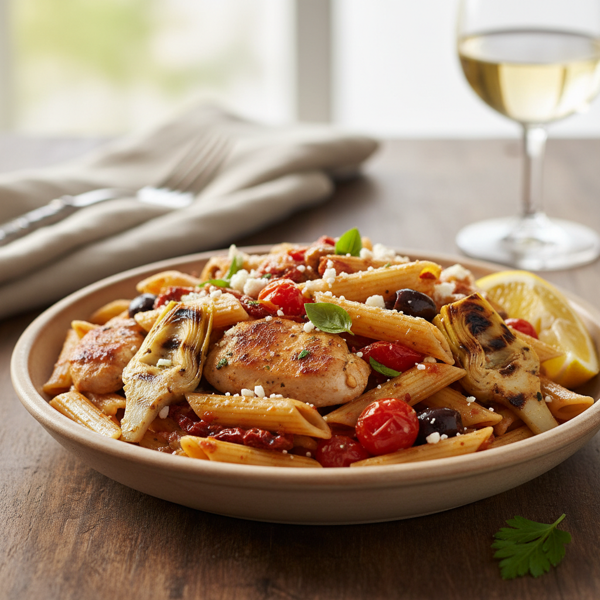 Mediterranean Penne Pasta with Chicken and Artichokes recipe