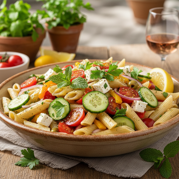 Mediterranean Penne Salad with Fresh Vegetables and Feta recipe
