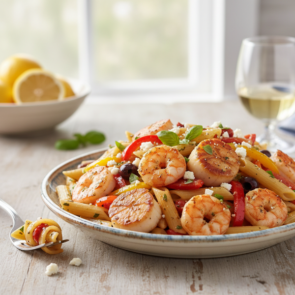 Mediterranean Penne with Succulent Shrimp, Scallops, and Colorful Bell Peppers recipe