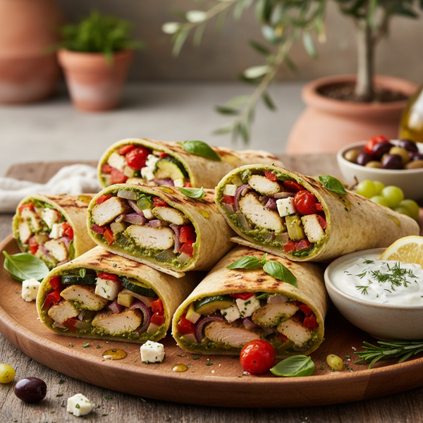 Mediterranean Pesto Chicken Wraps with Roasted Veggies recipe