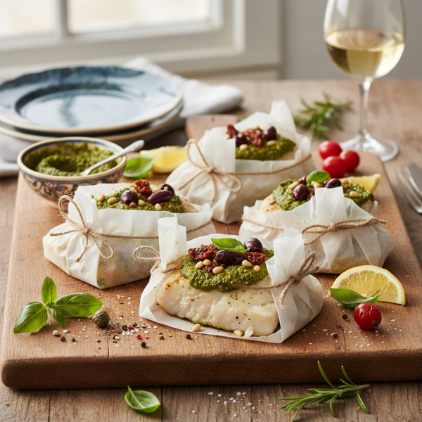 Mediterranean Pesto Halibut Packets recipe