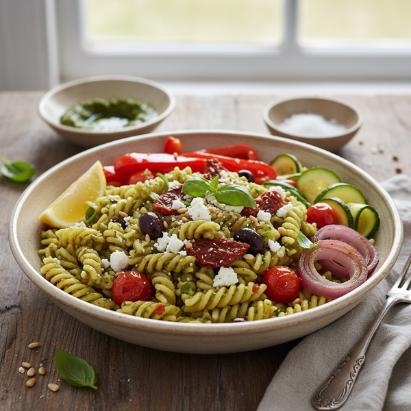 Mediterranean Pesto Pasta with Sautéed Vegetables recipe