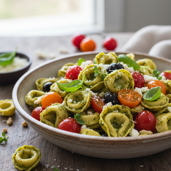 Mediterranean Pesto Tortellini Salad with Grape Tomatoes recipe