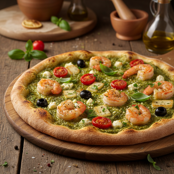 Mediterranean Prawn Pesto Delight Pizza recipe