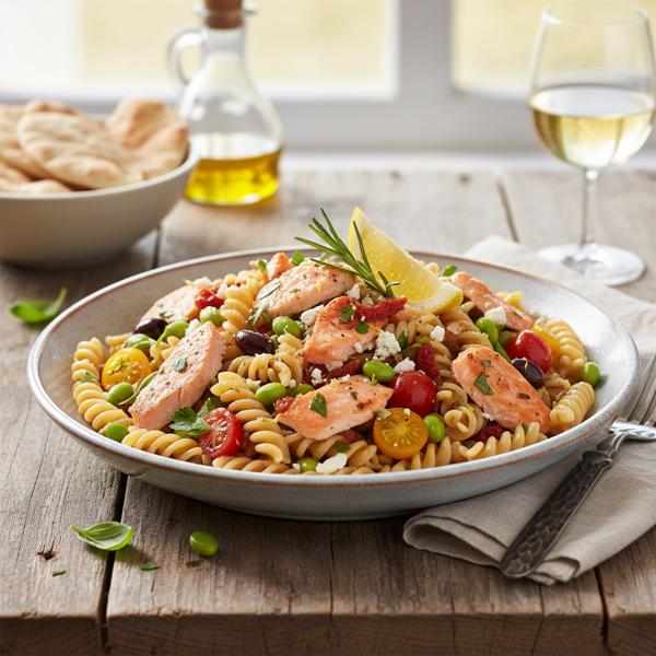 Mediterranean Salmon and Edamame Pasta Delight recipe
