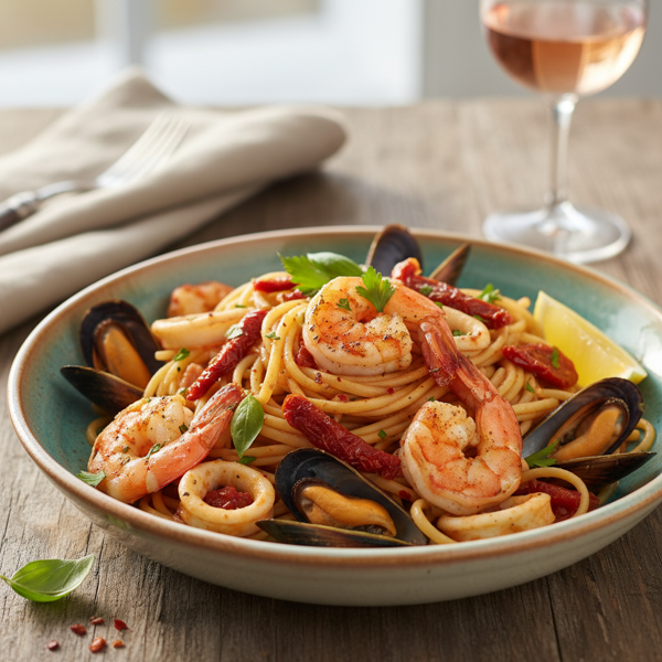 Mediterranean Seafood Linguine with Sun-Dried Tomatoes recipe