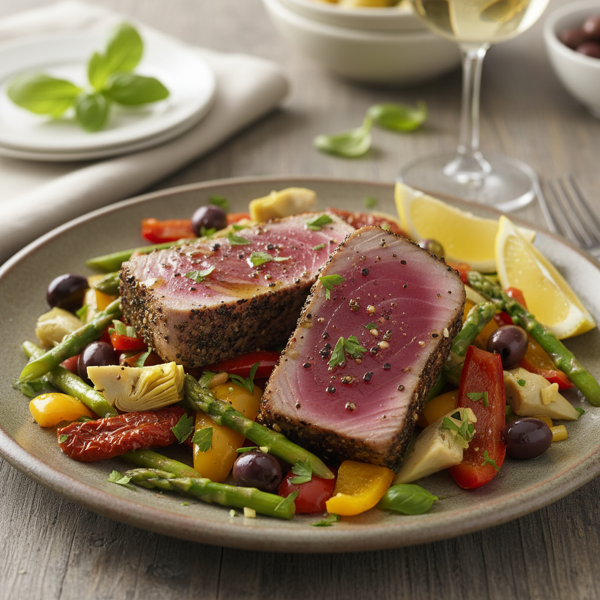 Mediterranean Seared Ahi Tuna with Olives and Vibrant Vegetables recipe