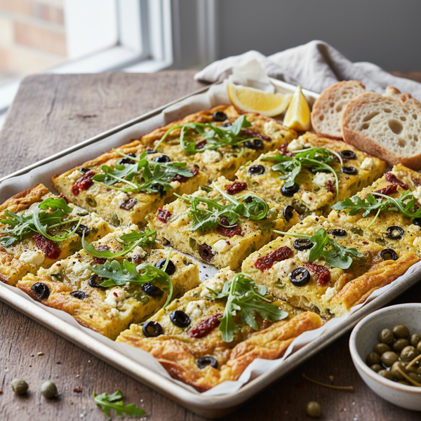 Mediterranean Sheet Pan Frittata with Arugula, Capers & Feta recipe