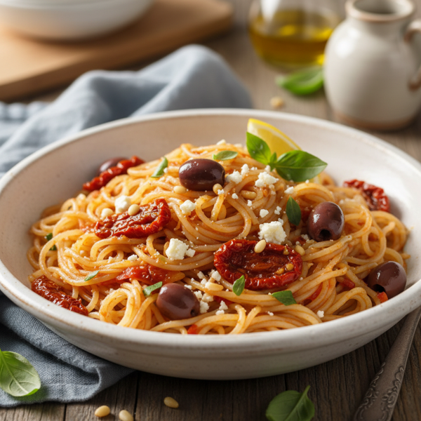 Mediterranean Shirataki Fettuccine with Sun-Dried Tomatoes and Olives recipe