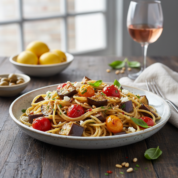 Mediterranean Spaghetti with Roasted Eggplant and Cherry Tomatoes recipe