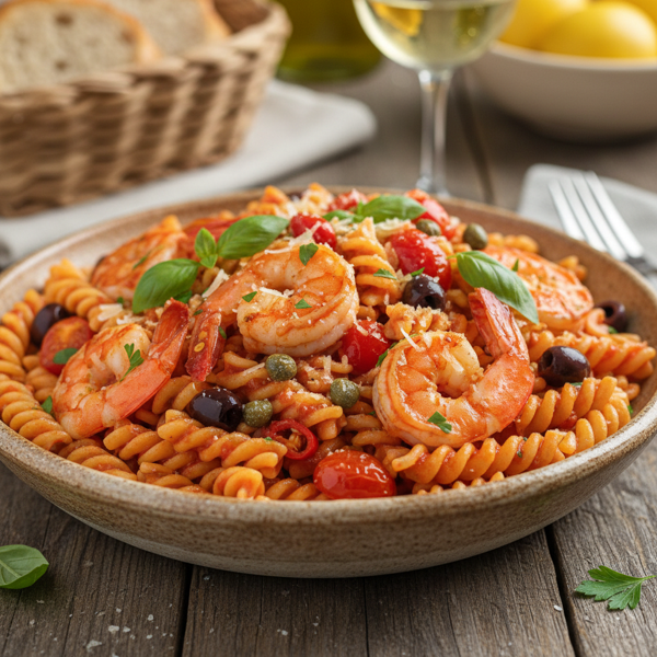 Mediterranean Spicy Pasta with Capers, Olives, and Shrimp recipe