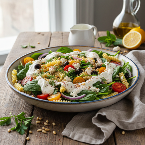 Mediterranean Spinach Pasta Salad with Creamy Kefir Dressing recipe