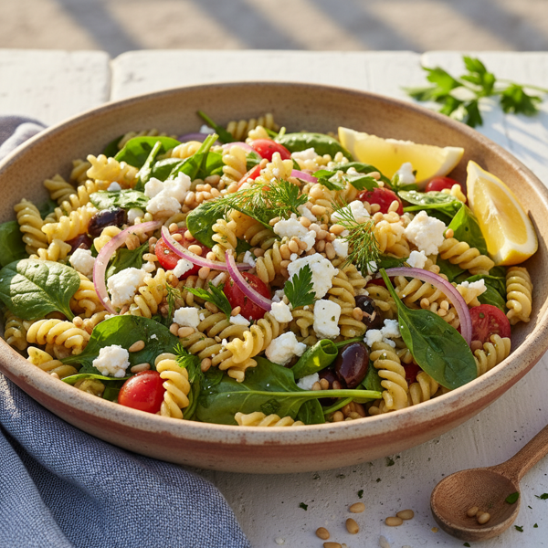 Mediterranean Spinach Pasta Salad with Feta and Pine Nuts recipe