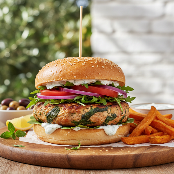 Mediterranean Spinach & Feta Chicken Burger recipe